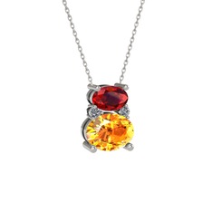 Garnet, sitrin ve pırlanta 18 ayar beyaz altın kolye (0.036 karat, 40 cm gümüş rolo zincir)