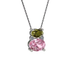 Peridot, pembe kuvars ve pırlanta 18 ayar beyaz altın kolye (0.036 karat, 40 cm gümüş rolo zincir)