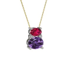 Rodolit garnet, ametist ve swarovski 8 ayar beyaz altın kolye (40 cm altın rolo zincir)