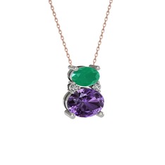 Kök zümrüt, ametist ve swarovski 18 ayar beyaz altın kolye (40 cm gümüş rolo zincir)