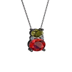 Thea Kolye - Peridot, garnet ve pırlanta 925 ayar siyah rodyum kaplama gümüş kolye (0.036 karat, 40 cm gümüş rolo zincir) #18c2xtp