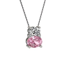 Swarovski ve pembe kuvars 18 ayar beyaz altın kolye (40 cm gümüş rolo zincir)