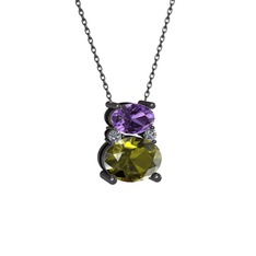Ametist, peridot ve pırlanta 925 ayar siyah rodyum kaplama gümüş kolye (0.036 karat, 40 cm gümüş rolo zincir)