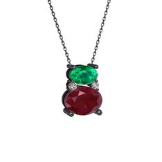 Thea Kolye - Yeşil kuvars, kök yakut ve swarovski 925 ayar siyah rodyum kaplama gümüş kolye (40 cm gümüş rolo zincir) #1974fw8