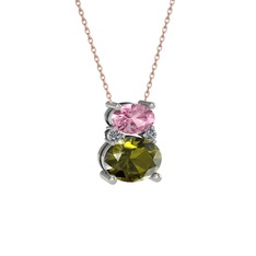 Thea Kolye - Pembe kuvars, peridot ve pırlanta 18 ayar beyaz altın kolye (0.036 karat, 40 cm gümüş rolo zincir) #19pp3zf