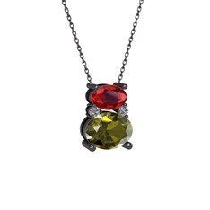 Garnet, peridot ve pırlanta 925 ayar siyah rodyum kaplama gümüş kolye (0.036 karat, 40 cm gümüş rolo zincir)
