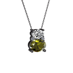 Beyaz zirkon, peridot ve pırlanta 925 ayar siyah rodyum kaplama gümüş kolye (0.036 karat, 40 cm gümüş rolo zincir)