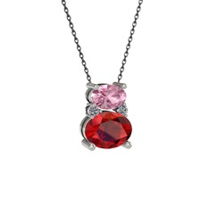 Pembe kuvars, garnet ve pırlanta 18 ayar beyaz altın kolye (0.036 karat, 40 cm gümüş rolo zincir)