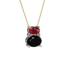 Garnet, siyah zirkon ve pırlanta 18 ayar beyaz altın kolye (0.036 karat, 40 cm altın rolo zincir)