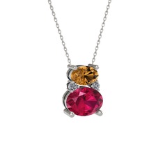 Dumanlı kuvars, rodolit garnet ve pırlanta 925 ayar gümüş kolye (0.036 karat, 40 cm beyaz altın rolo zincir)