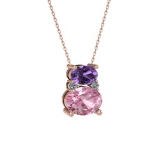 Thea Kolye - Ametist, pembe kuvars ve pırlanta 925 ayar rose altın kaplama gümüş kolye (0.036 karat, 40 cm rose altın rolo zincir) #1bkol08