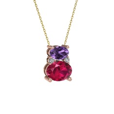 Ametist, rodolit garnet ve swarovski 925 ayar rose altın kaplama gümüş kolye (40 cm altın rolo zincir)
