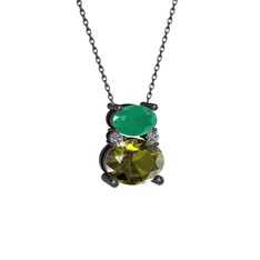 Thea Kolye - Kök zümrüt, peridot ve pırlanta 925 ayar siyah rodyum kaplama gümüş kolye (0.036 karat, 40 cm gümüş rolo zincir) #1c11bf0