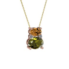 Thea Kolye - Dumanlı kuvars, peridot ve pırlanta 14 ayar rose altın kolye (0.036 karat, 40 cm altın rolo zincir) #1cau3ny