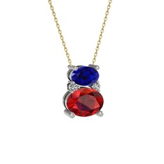 Lab safir, garnet ve swarovski 18 ayar beyaz altın kolye (40 cm gümüş rolo zincir)