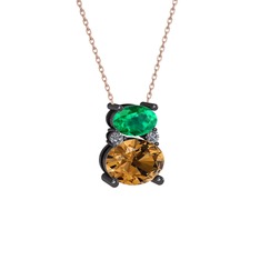 Thea Kolye - Yeşil kuvars, dumanlı kuvars ve pırlanta 925 ayar siyah rodyum kaplama gümüş kolye (0.036 karat, 40 cm rose altın rolo zincir) #1e0340x