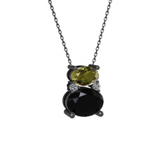 Thea Kolye - Peridot, siyah zirkon ve pırlanta 925 ayar siyah rodyum kaplama gümüş kolye (0.036 karat, 40 cm gümüş rolo zincir) #1e2bpmq