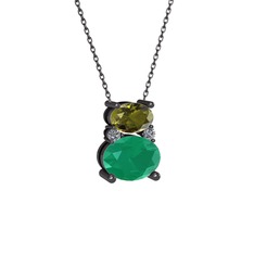 Thea Kolye - Peridot, kök zümrüt ve pırlanta 925 ayar siyah rodyum kaplama gümüş kolye (0.036 karat, 40 cm gümüş rolo zincir) #1eh6wao