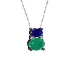 Thea Kolye - Lab safir, kök zümrüt ve swarovski 925 ayar siyah rodyum kaplama gümüş kolye (40 cm rose altın rolo zincir) #1ejrrg