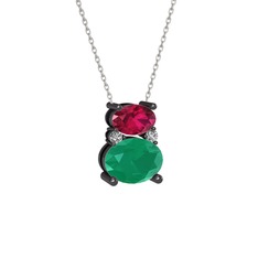 Thea Kolye - Rodolit garnet, kök zümrüt ve swarovski 925 ayar siyah rodyum kaplama gümüş kolye (40 cm beyaz altın rolo zincir) #1eometx