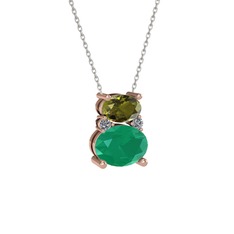 Peridot, kök zümrüt ve pırlanta 925 ayar rose altın kaplama gümüş kolye (0.036 karat, 40 cm beyaz altın rolo zincir)