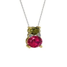 Peridot, rodolit garnet ve pırlanta 18 ayar altın kolye (0.036 karat, 40 cm gümüş rolo zincir)