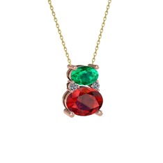 Yeşil kuvars, garnet ve pırlanta 8 ayar rose altın kolye (0.036 karat, 40 cm altın rolo zincir)