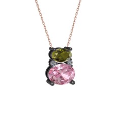 Thea Kolye - Peridot, pembe kuvars ve pırlanta 925 ayar siyah rodyum kaplama gümüş kolye (0.036 karat, 40 cm gümüş rolo zincir) #1gcn158