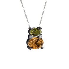 Peridot, dumanlı kuvars ve swarovski 925 ayar siyah rodyum kaplama gümüş kolye (40 cm gümüş rolo zincir)