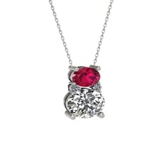 Rodolit garnet, swarovski ve pırlanta 925 ayar gümüş kolye (0.036 karat, 40 cm beyaz altın rolo zincir)