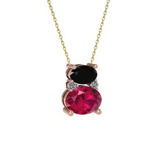 Siyah zirkon, rodolit garnet ve pırlanta 925 ayar rose altın kaplama gümüş kolye (0.036 karat, 40 cm gümüş rolo zincir)