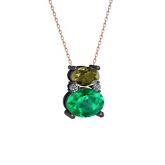 Peridot, yeşil kuvars ve pırlanta 925 ayar siyah rodyum kaplama gümüş kolye (0.036 karat, 40 cm rose altın rolo zincir)