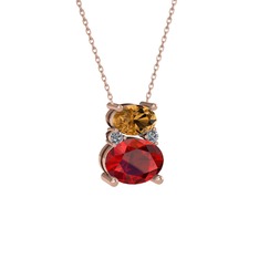 Dumanlı kuvars, garnet ve pırlanta 18 ayar rose altın kolye (0.036 karat, 40 cm rose altın rolo zincir)