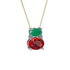 Kök zümrüt, garnet ve pırlanta 18 ayar beyaz altın kolye (0.036 karat, 40 cm altın rolo zincir)