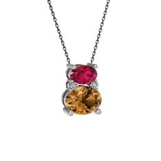 Rodolit garnet, dumanlı kuvars ve swarovski 8 ayar beyaz altın kolye (40 cm gümüş rolo zincir)