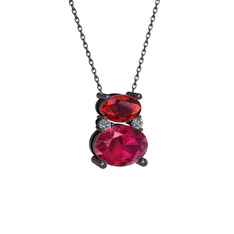Thea Kolye - Garnet, rodolit garnet ve pırlanta 925 ayar siyah rodyum kaplama gümüş kolye (0.036 karat, 40 cm gümüş rolo zincir) #1izoy25