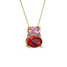 Thea Kolye - Pembe kuvars, garnet ve pırlanta 14 ayar altın kolye (0.036 karat, 40 cm altın rolo zincir) #1j0dhm