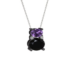 Thea Kolye - Ametist, siyah zirkon ve swarovski 925 ayar siyah rodyum kaplama gümüş kolye (40 cm gümüş rolo zincir) #1j8u90w