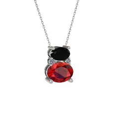 Siyah zirkon, garnet ve pırlanta 18 ayar beyaz altın kolye (0.036 karat, 40 cm gümüş rolo zincir)