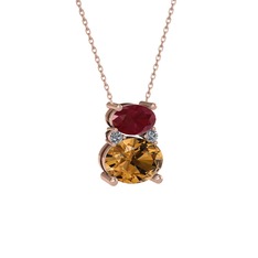 Thea Kolye - Kök yakut, dumanlı kuvars ve pırlanta 18 ayar rose altın kolye (0.036 karat, 40 cm rose altın rolo zincir) #1kretms
