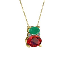 Kök zümrüt, garnet ve pırlanta 925 ayar altın kaplama gümüş kolye (0.036 karat, 40 cm altın rolo zincir)