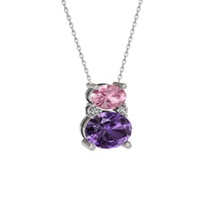 Pembe kuvars, ametist ve swarovski 14 ayar beyaz altın kolye (40 cm beyaz altın rolo zincir)