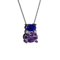 Thea Kolye - Lab safir, ametist ve swarovski 925 ayar siyah rodyum kaplama gümüş kolye (40 cm gümüş rolo zincir) #1mwnf1v