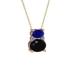 Lab safir, siyah zirkon ve pırlanta 18 ayar rose altın kolye (0.036 karat, 40 cm altın rolo zincir)