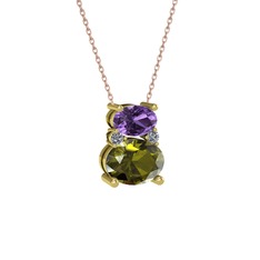 Ametist, peridot ve pırlanta 14 ayar altın kolye (0.036 karat, 40 cm gümüş rolo zincir)