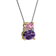 Pembe kuvars, ametist ve swarovski 925 ayar altın kaplama gümüş kolye (40 cm gümüş rolo zincir)