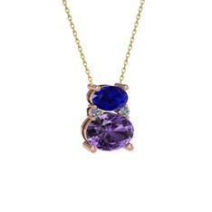 Lab safir, ametist ve pırlanta 925 ayar rose altın kaplama gümüş kolye (0.036 karat, 40 cm altın rolo zincir)