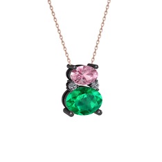 Pembe kuvars, yeşil kuvars ve pırlanta 925 ayar siyah rodyum kaplama gümüş kolye (0.036 karat, 40 cm gümüş rolo zincir)