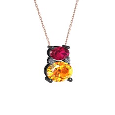 Thea Kolye - Rodolit garnet, sitrin ve pırlanta 925 ayar siyah rodyum kaplama gümüş kolye (0.036 karat, 40 cm rose altın rolo zincir) #1ogs96b