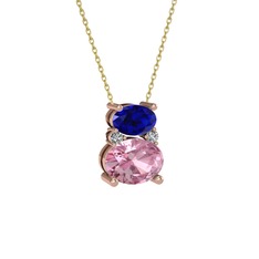 Lab safir, pembe kuvars ve swarovski 18 ayar rose altın kolye (40 cm altın rolo zincir)
